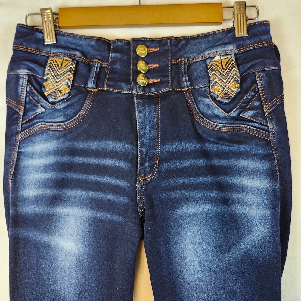 Bon Bonup Womens High Waisted Embroidered Dark Wash Skinny Jeans Blue Size 28 - Picture 3 of 14